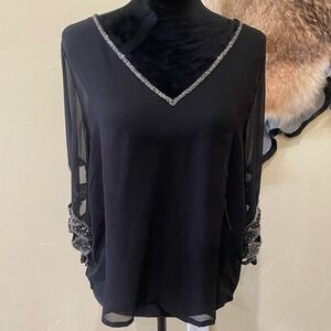 BKE Boutique Sheer Beaded Blouse‎